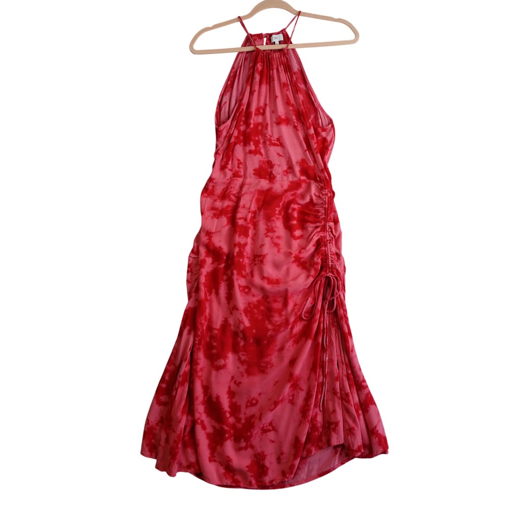 Y2K Dress Womens M Red Pink Tie Dye Halter Asymmetric Midi Boho Beachy Festival